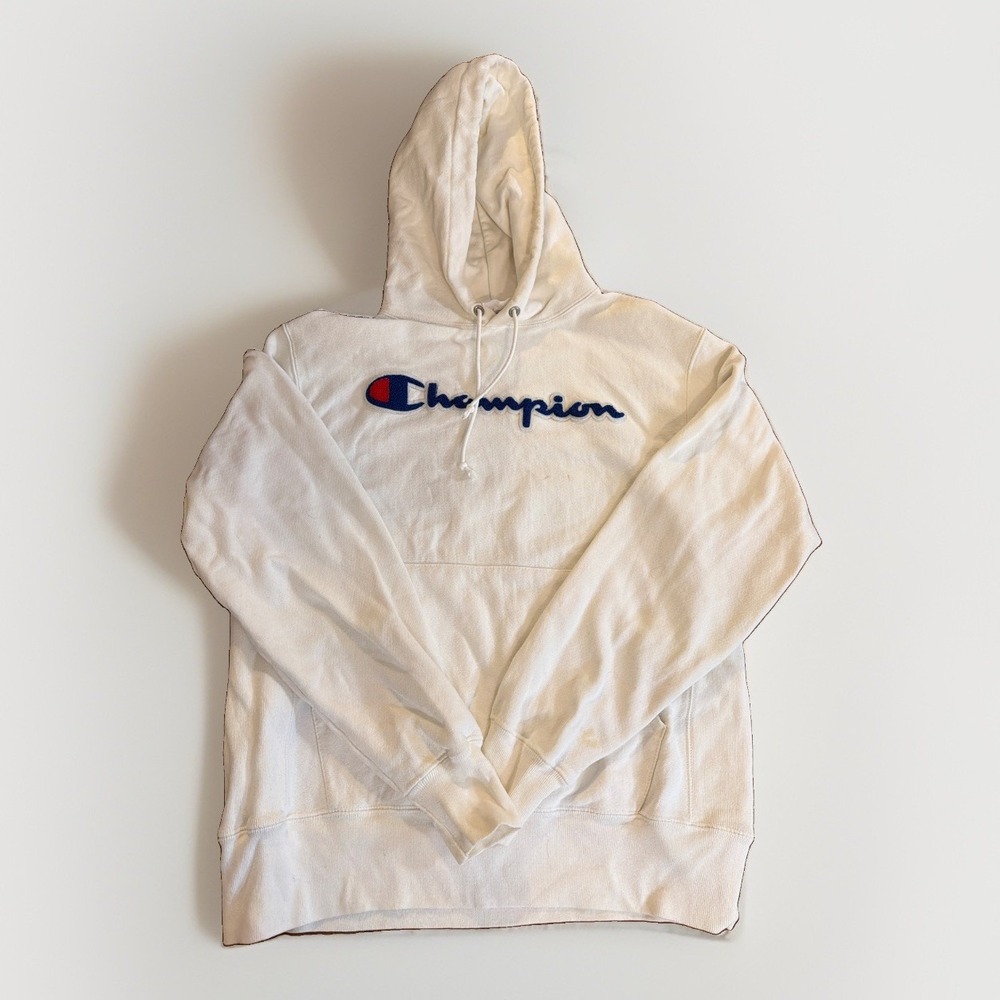 Men's Champion Reverse Weave Script Hoodie Medium White Clean Small Mark